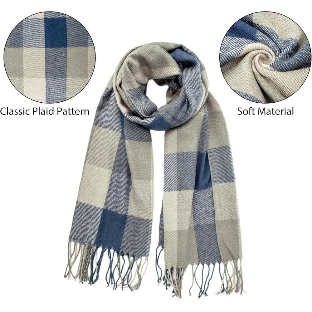 Women's blue Grey Lattice Scarf Fashion Long Plaid Shawls Wraps Big Grid Winter - Picture 3 of 6